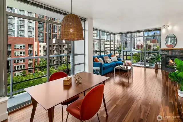 Big windows from this 7th floor condo looking South down 1st Ave. Located in North Belltown, you are blocks to many amenities yet in the quieter part of Belltown.