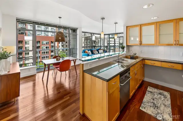 Kitchen is open to the dining. Lots of cabinet storage and counterspace.