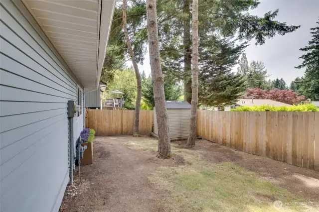 Brand new fence was put in in 2024. Storage shed stays.