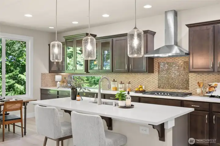 Backsplash windows and rich cabinetry create a unique, custom feel