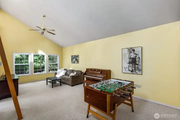 Headed over to the other wing of the house, we find this family room, with plenty of space for a seating arrangement, plus room for more.....foosball, music equipment and more