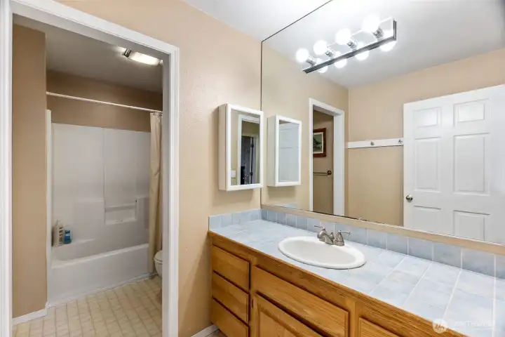 This bath is shared by the two bedrooms on this wing