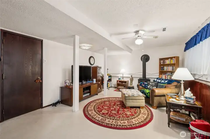 Lower level family room with propane stove