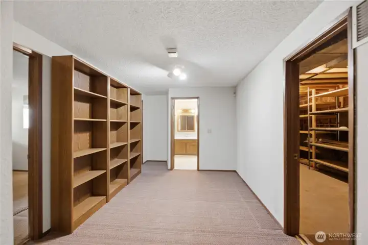 Lower level landing with bookshelves (can be removed), access to storage room on right, 2 bedrooms and full bath ahead. Family room and kitchenette to the left.