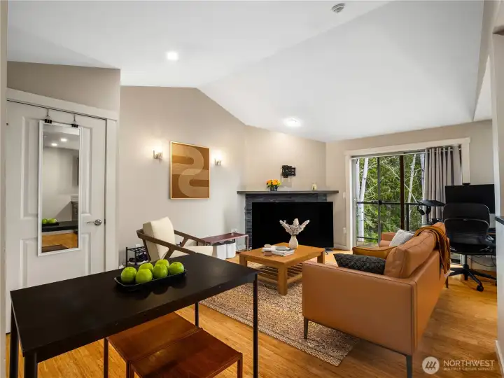 Step into the Living room with its Wood burning fireplace and bamboo flooring.