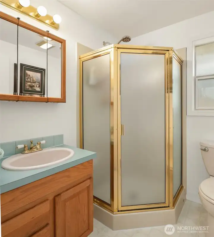 3/4 bath services the Primary Bedroom aka family room or den.