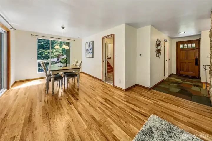 Refinished original red oak hardwood floors.