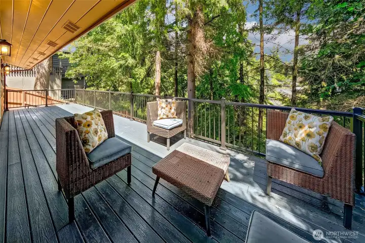 Huge deck overlooking woodland and creek.