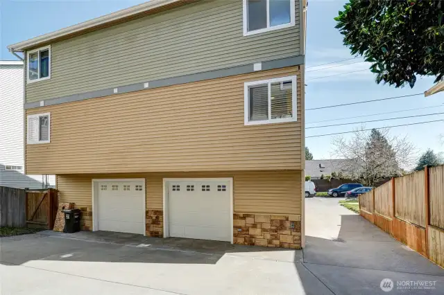 The back of the building and garage entry.