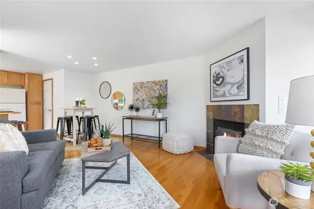 There's room for a dining table in the great room, and the half bath is on the right.