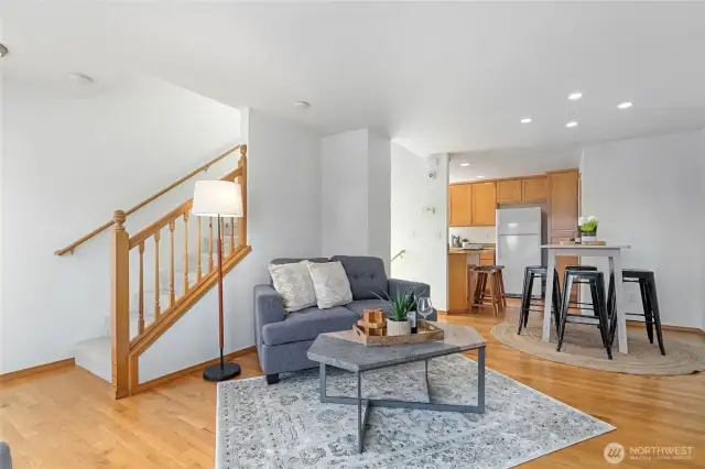 Dining table and breakfast bar.