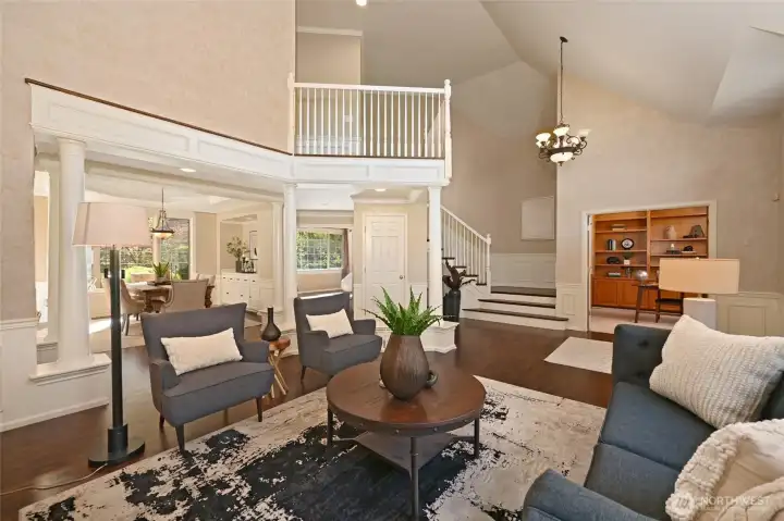 With espresso-stained hardwood floors.