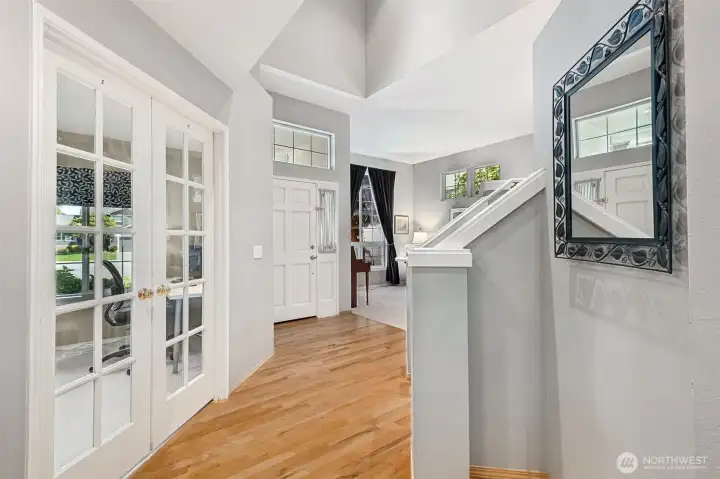 French doors to the den on main floor facing Mt. Si. Great place for your home office!