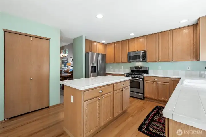 Extra cabinet space underneath the island and a big pantry just behind it. Around the corner is an even bigger closet that wraps all the way under the stairs.