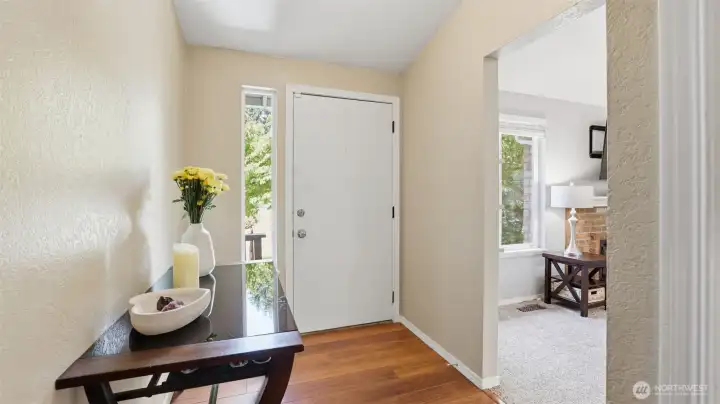 Natural wood tones and white trim throughout.