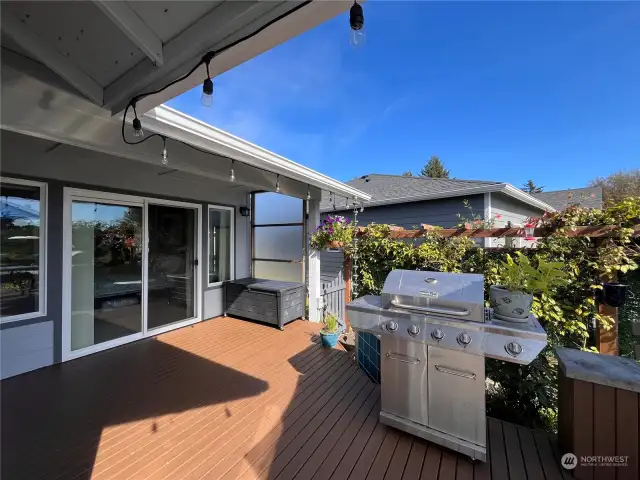 Covered Patio by the Primary Bedroom Slider Door and BBQ area