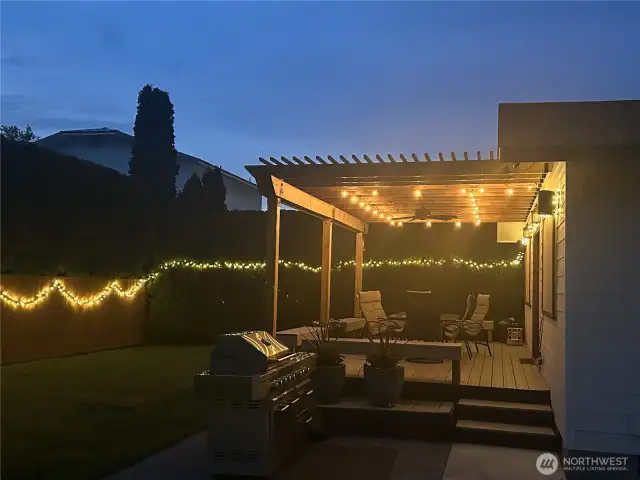 Nice lighted deck at dusk.