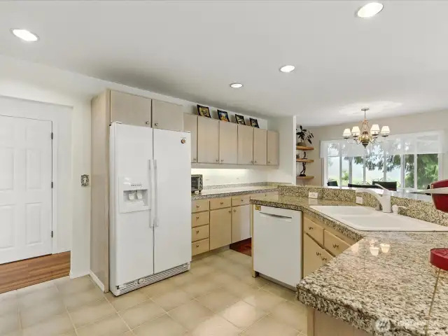 Kitchen with views and open to living room.