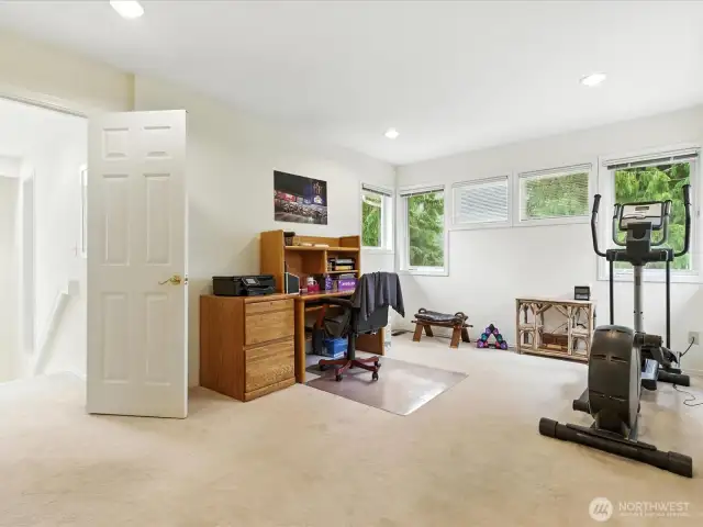 2nd photo of office area which also provides plenty of space for exercise equipment.  Windows with views is a perfect spot to work out.