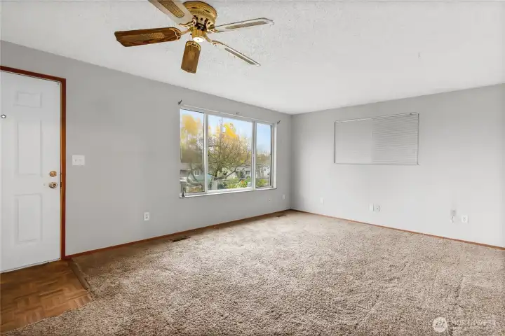 Entry into Living Room with ceiling fan
