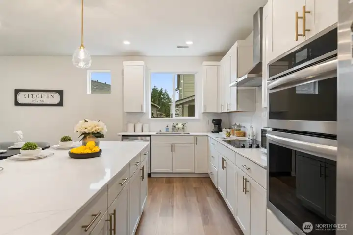Well-appointed kitchen featuring built-in stainless appliances and contemporary lighting.