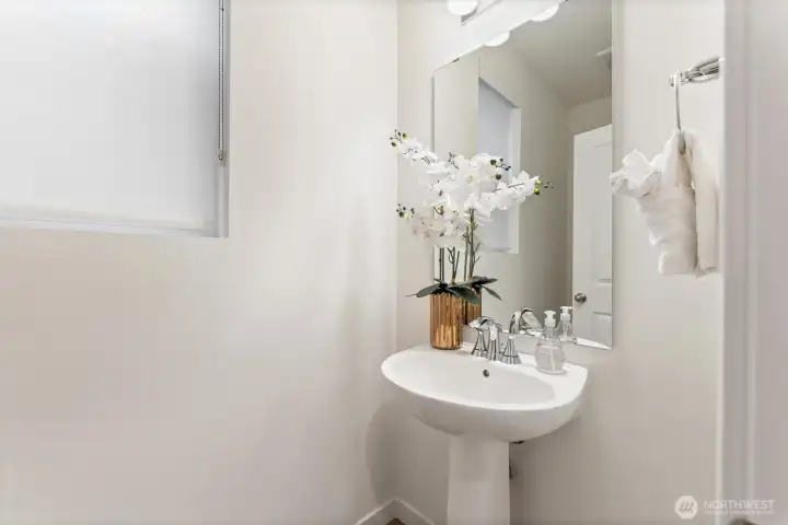 Powder room with pedestal sink—perfect for guests.