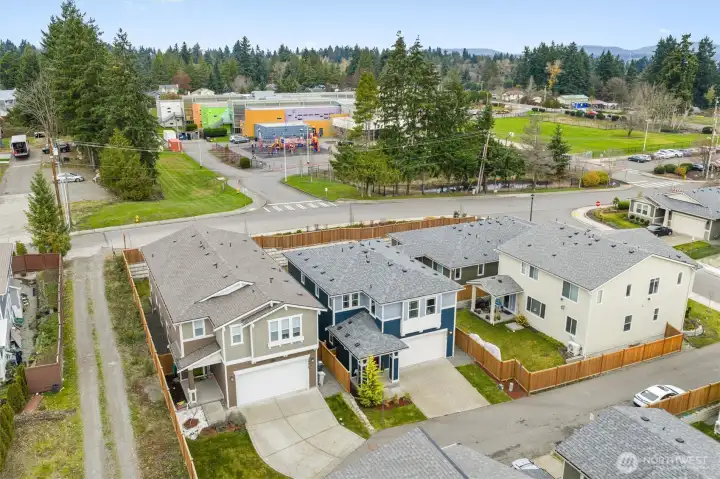 Elevated neighborhood view highlighting nearby amenities and residential setting.