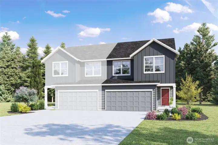 Juniper Plan Marketing Rendering - Depictions of homes or other features are artist conceptions. Hardscape, landscape, and other items shown may be decorator suggestions that are not included in the purchase price and availability may vary. No view is promised. Views may also be altered by subsequent development, construction and tree growth and landscaping.