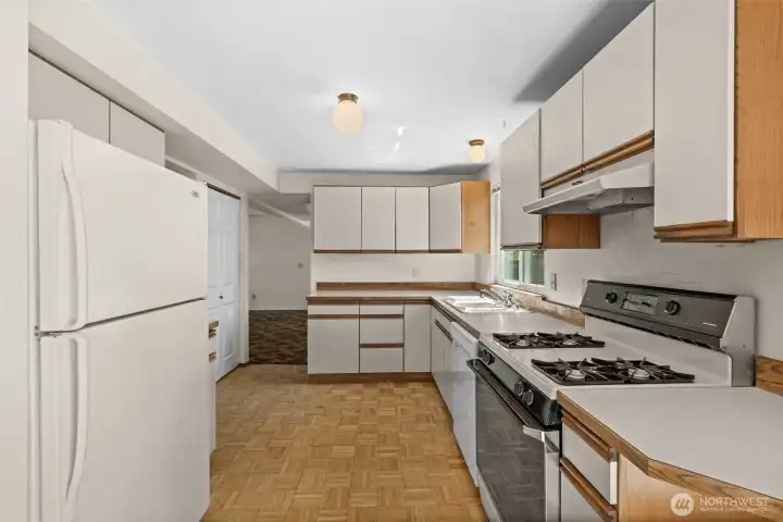 Gas stove, dishwasher, room to cook.