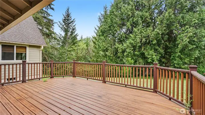 Alternate view of the expansive deck showcasing peaceful backyard views.