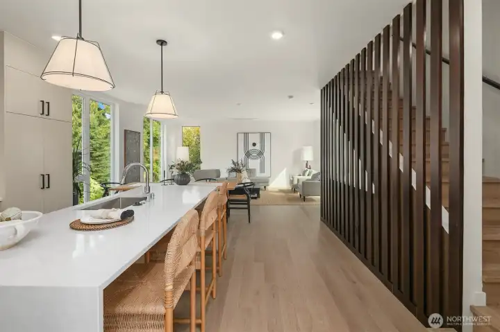 Open layout for kitchen, dining and living space. Open layout for kitchen, dining and living space.