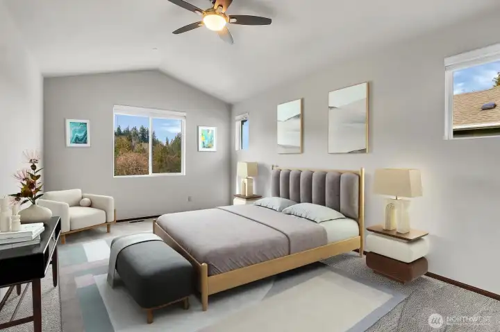 The Owner’s Suite, located on the upper level, is complemented by a vaulted ceiling with a ceiling fan and several windows creating a light and bright space! Virtually staged. The Owner’s Suite, located on the upper level, is complemented by a vaulted ceiling with a ceiling fan and several windows creating a light and bright space! Virtually staged.