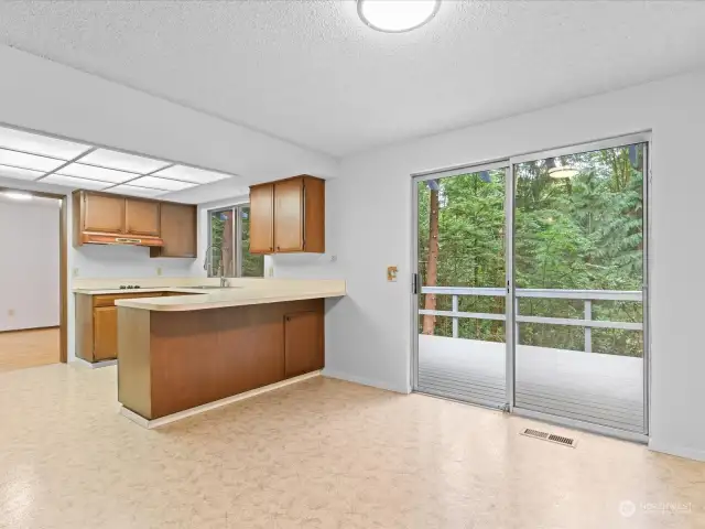 Kitchen area connects to dining room and kitchen sitting area which opens up to back deck