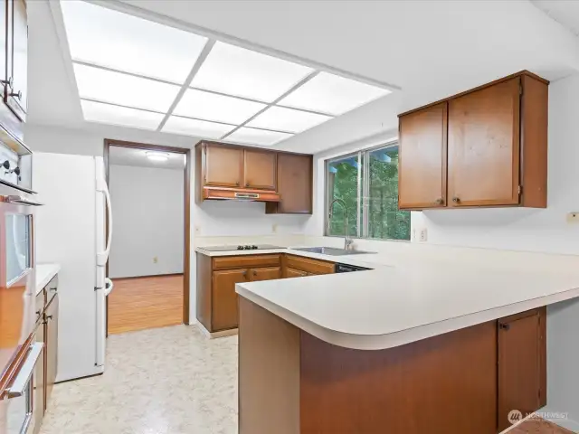 Kitchen with breakfast bar overlooks back yard