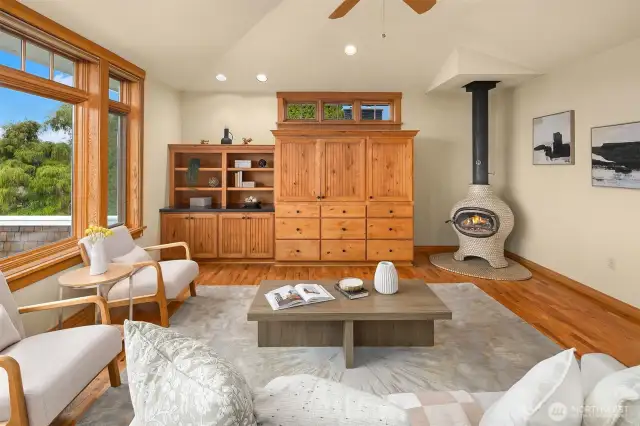 A wood-burning stove, originally sourced from the 1962 Seattle World's Fair.