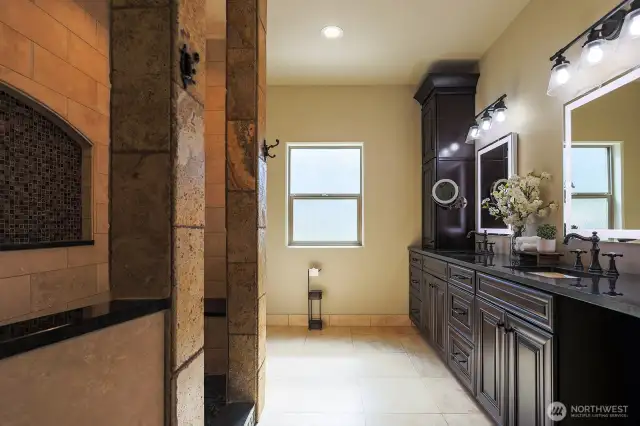 Primary Bath with MOEN smart shower, heated floors and heated shower benches