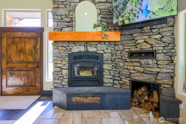 Wood burning fireplace with wood storage