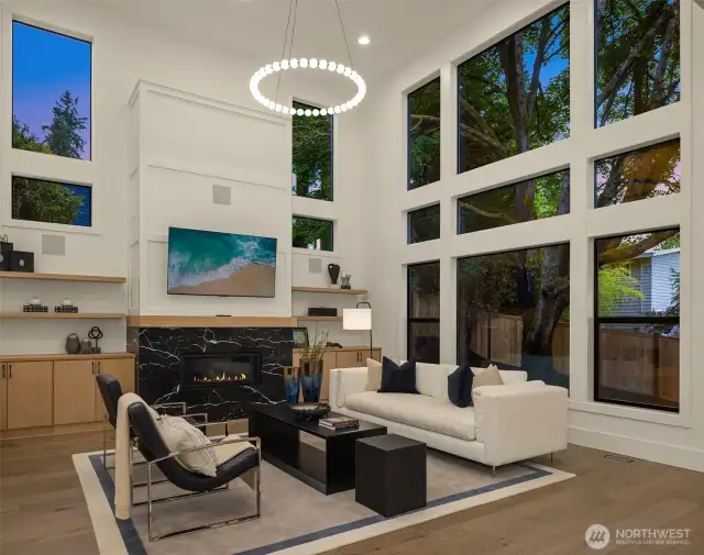 Two-story great room that overlooks the private backyard