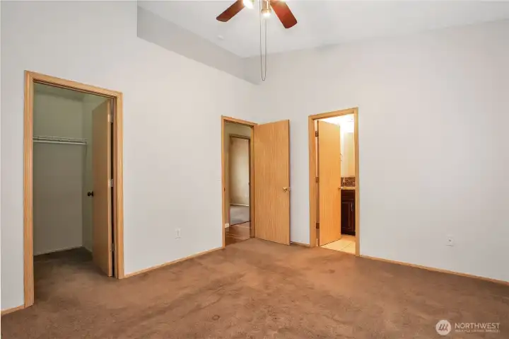 Primary bedroom has walk in closet and full bathroom