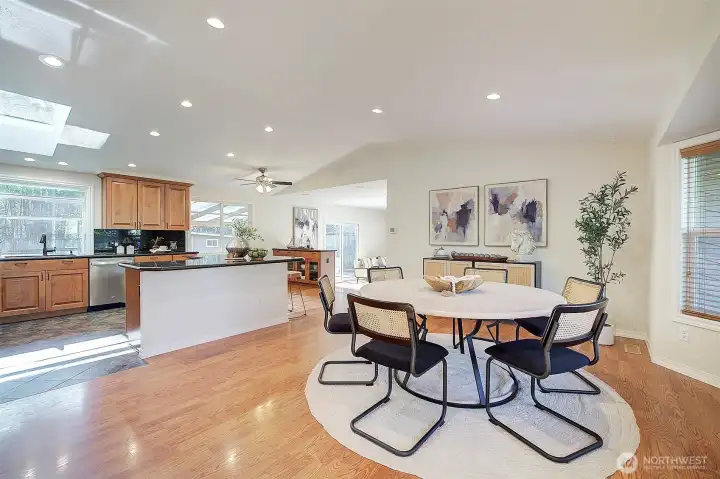 Large yet cozy open spaces with vaulted ceiling and skylights