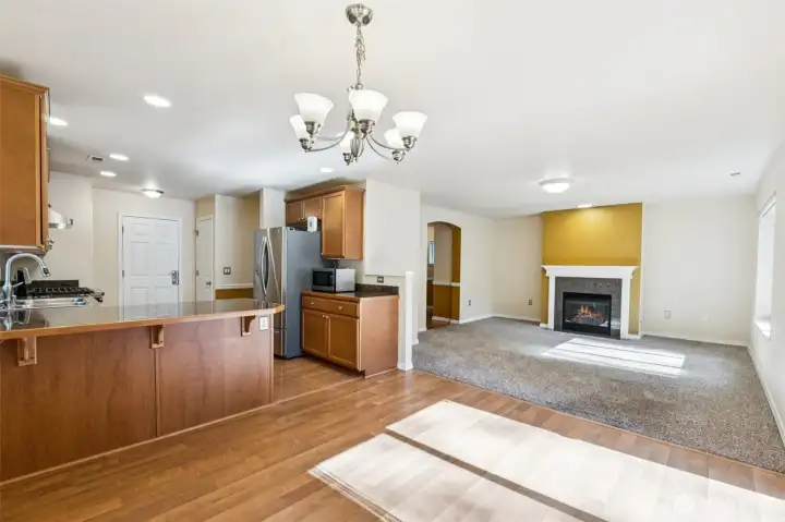 Living room and kitchen view from the dining room