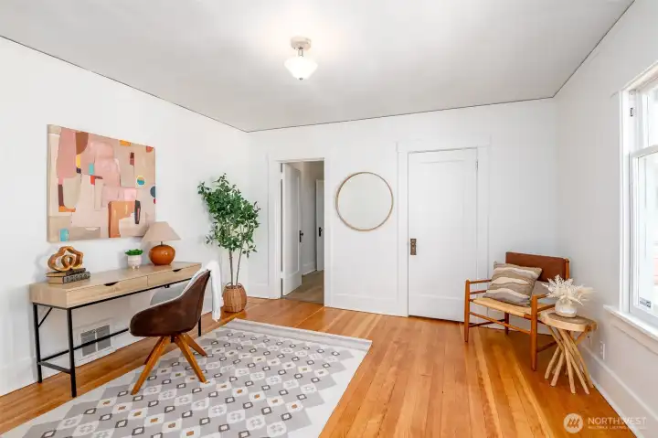 This pretty bedroom is at the front of the house. This pretty bedroom is at the front of the house.