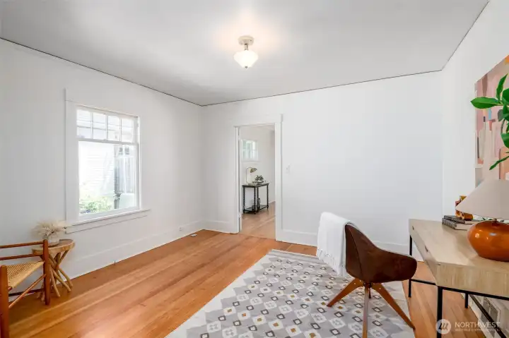 This bedroom has an entry from the back hall way as well as from the living room. This bedroom has an entry from the back hall way as well as from the living room.
