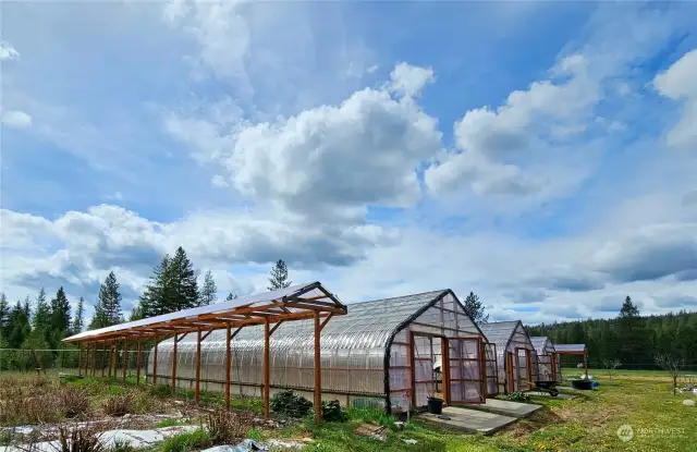 Large greenhouses, berry patches and fruit trees