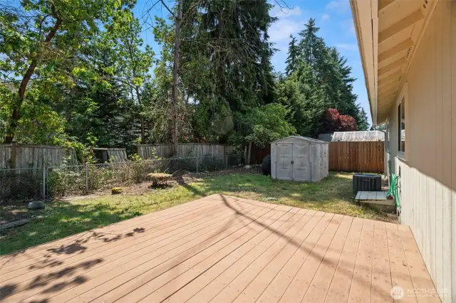 Large Trex Deck in backyard with storage shed