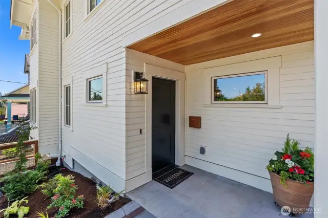 Covered entry offers protection from the elements.