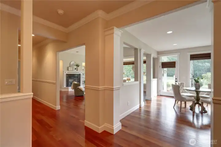view from the foyer shows the extensive millwork package.