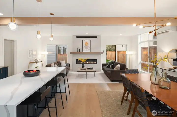 Fireplace anchors the main living area