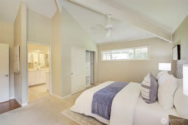 Large closet space with built in drawers.