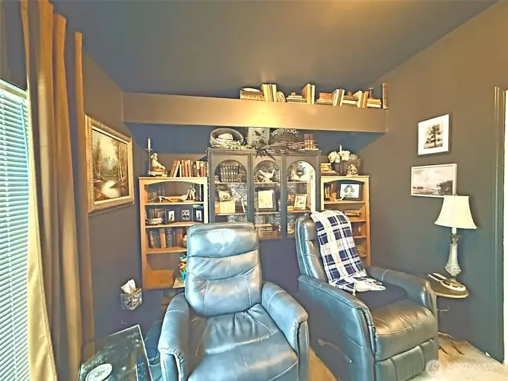 Second bedroom currently is used as a cozy family room, rich moody paint, wall of storage can be converted back to bedroom closet